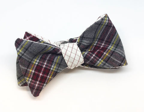 Plaid and Graph Check Maroon and Gold Reversible Bow Tie